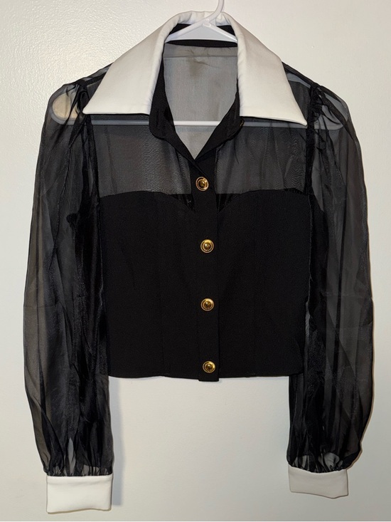 Lulus Tops - Lulu's Black Sheer-Sleeve Button Front Top with White Collar - XS